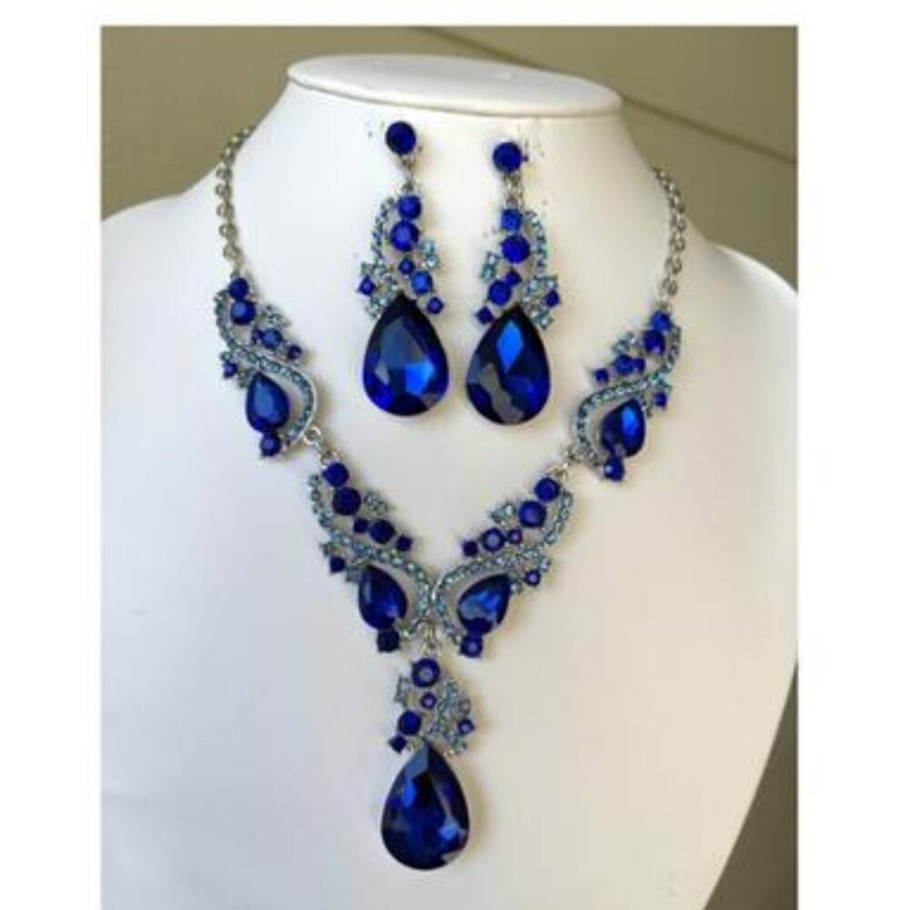 Blue Silver Crystal Rhinestone Necklace Earrings Statement Bridal Jewelry Set